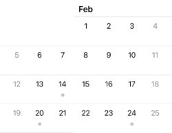 screenshot of iphone calendar showing february with a dot on family day alberta 3rd monday of feb.