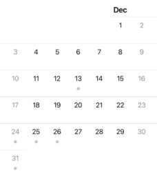december calendar showing christmas day of december, 25th in alberta canada.