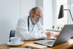 an elderly doctor writing prescription or doctors note. Yes, an employer can request a doctors note or sick note of an employee in Alberta.