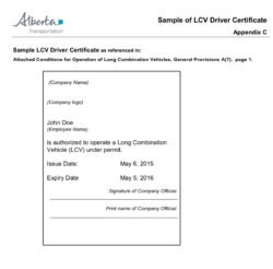 screenshot of a sample only Alberta LCV license