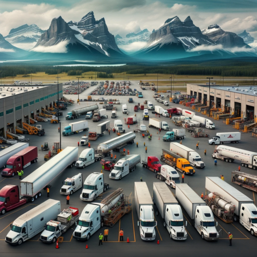 Overhead view of parking lot full of Alberta commercial vehicles and types. We are explaining what vehicles are considered commercial vehicles in Alberta, Canada.