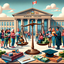 Alberta parents and students weighing the financial responsibilities of college education, symbolized by a balance scale with academic items and currency, against the backdrop of an Alberta college with the provincial flag.