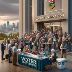 Alberta residents of diverse backgrounds registering to vote outside a government building, emphasizing civic participation and Alberta's democratic values.