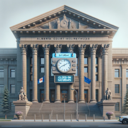 Alberta courthouse with closed doors, symbolizing non-operational status on Saturdays, with digital clock and calendar icons emphasizing the importance of checking operational hours.
