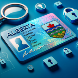 Alberta driver's license with holographic security features, surrounded by security icons including a shield, lock, and magnifying glass, emphasizing the advanced security measures of Alberta's licenses