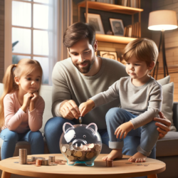 A father and 2 children placing money into a piggy bank. We are answering “ are alberta residents eligble for canada pro”.