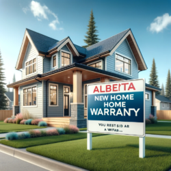 Modern Alberta home with New Home Warranty sign on landscaped front lawn, showcasing consumer protection in Alberta new homes, and answering if the coverage includes appliances.