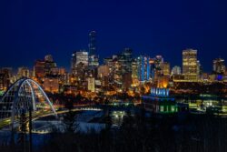 Edmonton city skyline during night time. latitude and longitude of edmonton alberta canada.